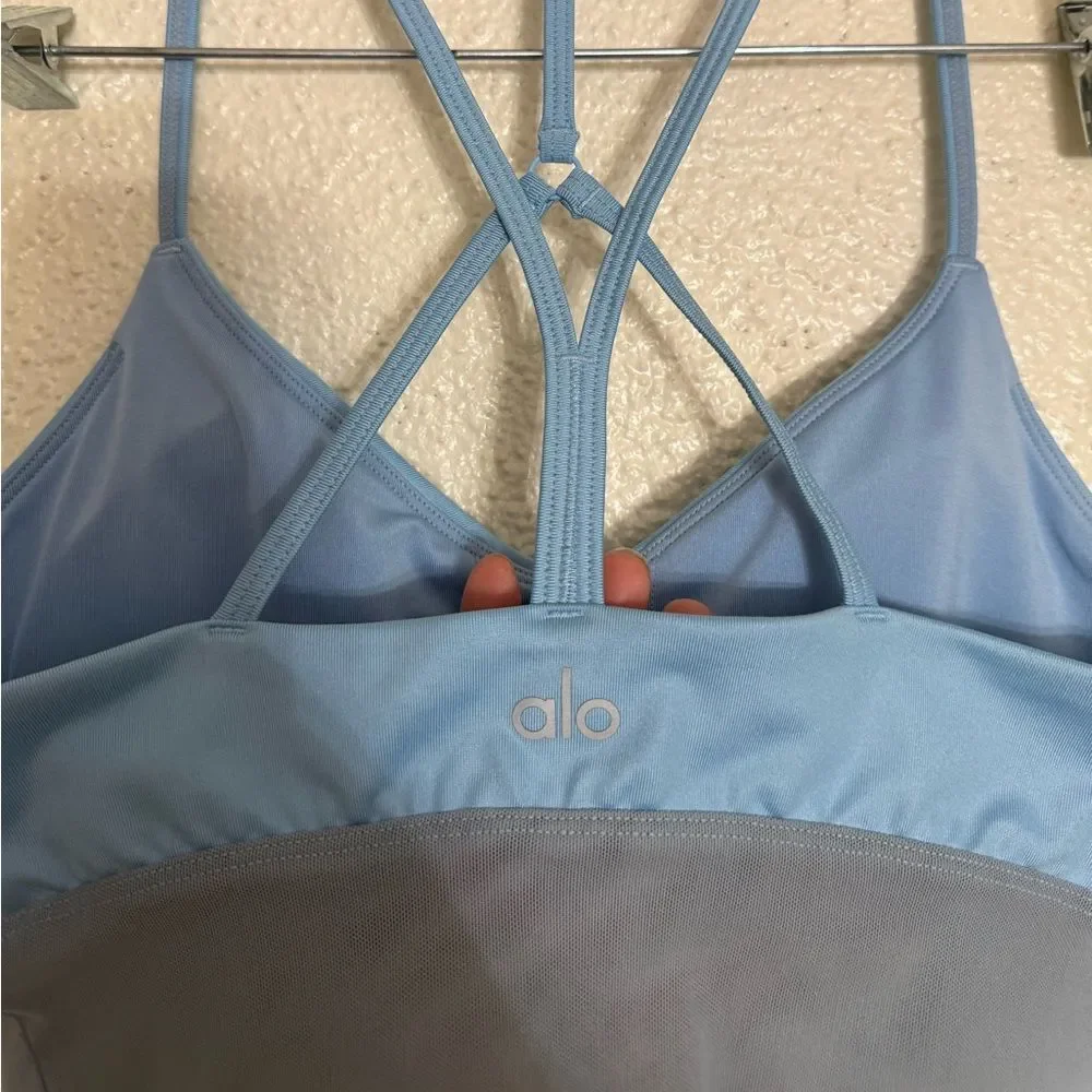 ALO YOGA | BLUE SKIES Lavish Longline Scoop-Neck Bralette SPORTS BRA SIZE SMALL